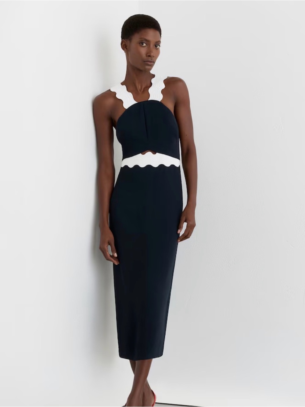 BRAND NEW Reiss ‘Dillon’ Contrast Wave-Trim Fitted Midi Dress in Navy/Ivory